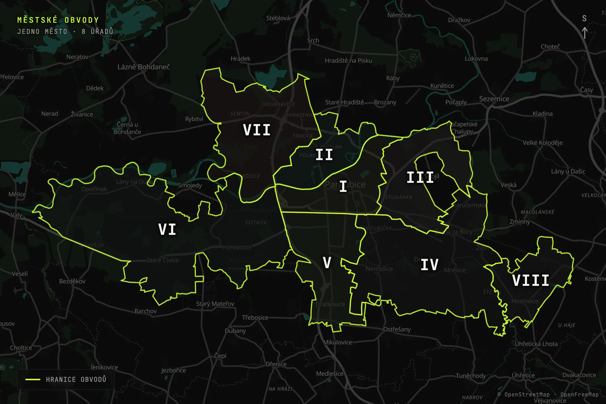 Mapa osmi městských obvodů Pardubic s vyznačenými hranicemi